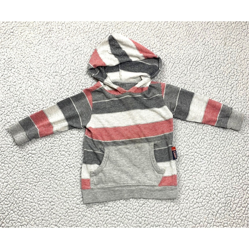 Carter's Hoodie Boys 3T Grey Red Striped Cotton Long Sleeve Kangaroo Pocket